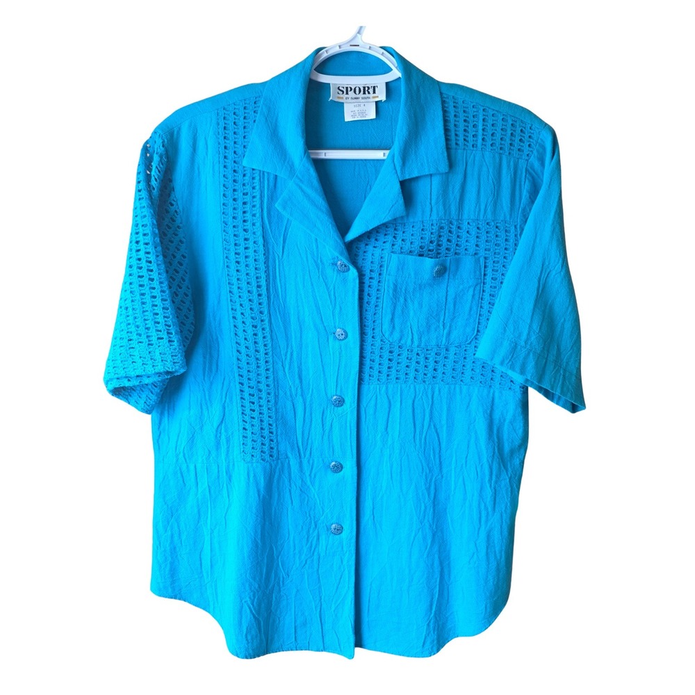 Sport by Sunny South Women's Blue Crochet Trim Button Front Shirt Size 4 USA